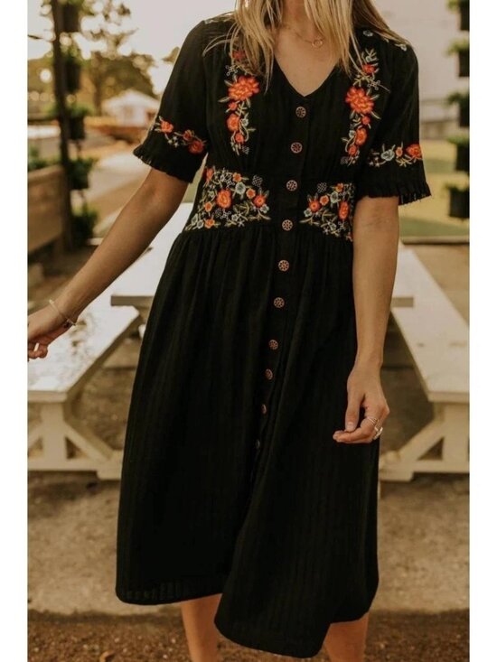 Roolee Dresses & Skirts - Roolee Ithaca embroidered midi shirt dress black nursing friendly cotton NEW